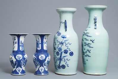 A pair of Chinese powder blue ground yenyen vases and two celadon vases, 19th C.