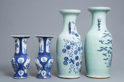 A pair of Chinese powder blue ground yenyen vases and two celadon vases, 19th C.