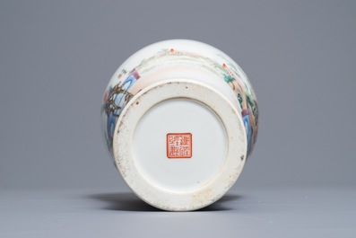 A fine Chinese famille rose meiping vase with bat handles, seal mark, Republic, 20th C.