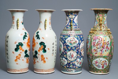Une paire et deux vases en porcelaine de Chine famille rose, 19&egrave;me