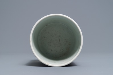 A Chinese famille verte brush pot on wooden stand, Kangxi