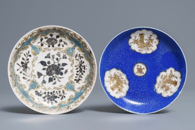 Two Chinese grisaille, gilt and overglaze blue cups and saucers, Yongzheng