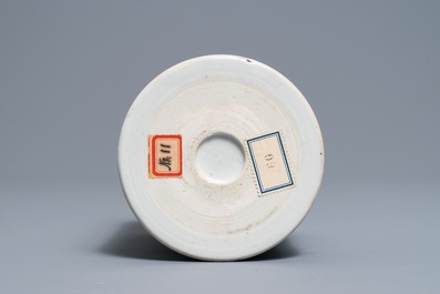 A Chinese famille verte brush pot on wooden stand, Kangxi