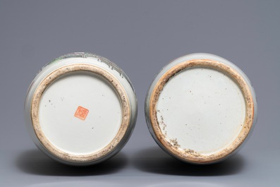 Two Chinese qianjiang cai vases with antiquities design, 19/20th C.