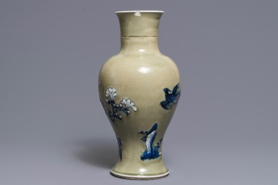 A Chinese blue, white and red on celadon ground vase, Kangxi