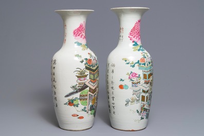 Two Chinese qianjiang cai vases with antiquities design, 19/20th C.