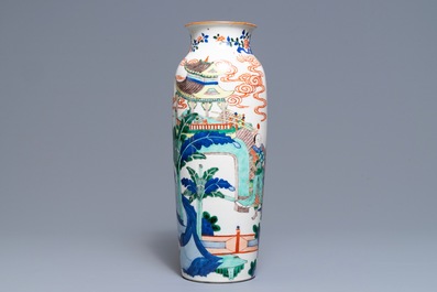 A Chinese wucai rouleau vase, 19th C.