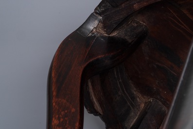 A Chinese famille rose plaque-topped wooden stand, 19/20th C.