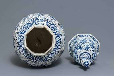 A large Dutch Delft blue and white vase and cover, early 18th C.