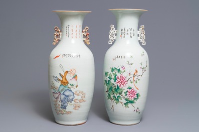 Two Chinese famille rose two-sided design vases, 19/20th C.