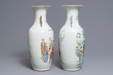 Two Chinese famille rose two-sided design vases, 19/20th C.
