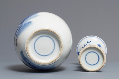 A large Chinese blue and white dish, a beaker vase and a ginger jar, 18/19th C.