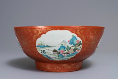 A large Chinese famille rose coral ground landscape bowl, Jiaqing