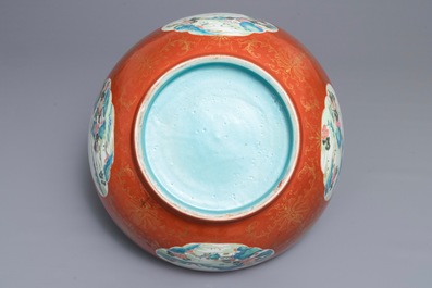 A large Chinese famille rose coral ground landscape bowl, Jiaqing
