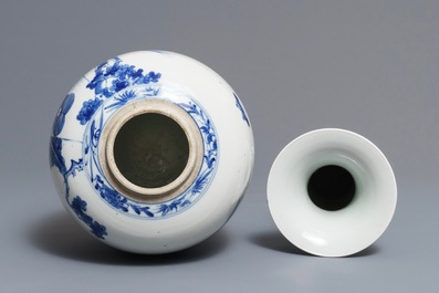 A large Chinese blue and white dish, a beaker vase and a ginger jar, 18/19th C.