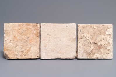 Three ornamental Antwerp maiolica tiles, 16th C.