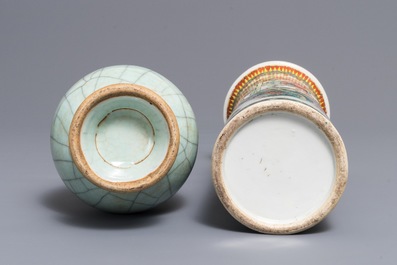 A Chinese celadon crackle-glazed vase and a famille verte vase, 19th C.