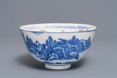 A Dutch Delft blue and white chinoiserie bowl, 17th C.