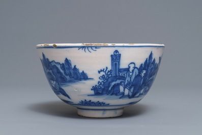 A Dutch Delft blue and white chinoiserie bowl, 17th C.