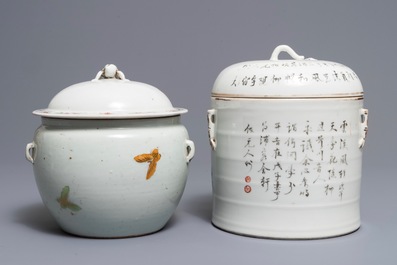 Two Chinese qianjiang cai and famille rose covered bowls, 19/20th C.