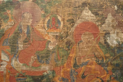 A large 'Three Arhat' thangka, Sino-Tibet, 18th C.