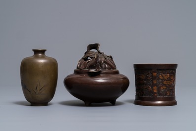 A Japanese inlaid bronze vase, a bronze censer and a parcel-gilt copper brush pot, Meiji, 19th C.