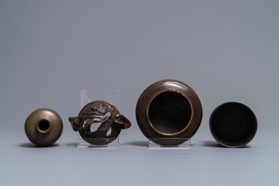 A Japanese inlaid bronze vase, a bronze censer and a parcel-gilt copper brush pot, Meiji, 19th C.
