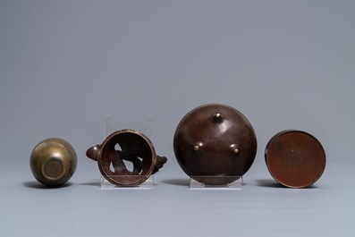 A Japanese inlaid bronze vase, a bronze censer and a parcel-gilt copper brush pot, Meiji, 19th C.