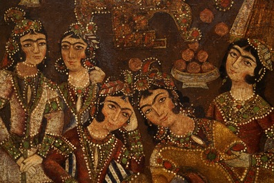 A Qajar arch-shaped oil on canvas: Zulaikha's servants cutting their hands as Yusuf appears, Qajar, 19th C.
