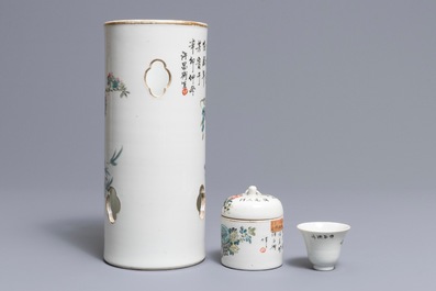 A Chinese qianjiang cai hat stand, a wine cup and a cup warmer, signed Xu Pinheng, 19th C.