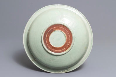 A Chinese blue and white incense burner and a Longquan celadon dish, Ming