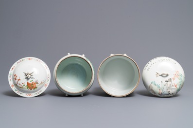 Two Chinese qianjiang cai and famille rose covered bowls, 19/20th C.