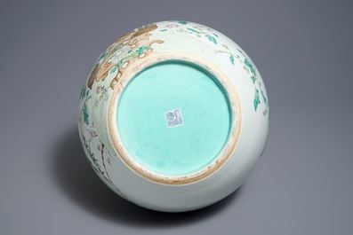 A Chinese famille rose tianqiu ping vase with birds, Qianlong mark, 19th C.