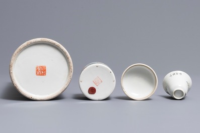 A Chinese qianjiang cai hat stand, a wine cup and a cup warmer, signed Xu Pinheng, 19th C.