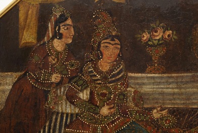 A Qajar arch-shaped oil on canvas: Zulaikha's servants cutting their hands as Yusuf appears, Qajar, 19th C.