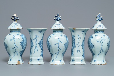 A Dutch Delft blue and white five-piece garniture with floral design, 18th C.