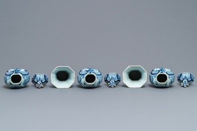 A Dutch Delft blue and white five-piece garniture with floral design, 18th C.