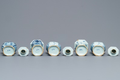 A Dutch Delft blue and white five-piece garniture with floral design, 18th C.