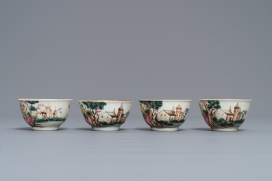 Vier Chinese famille rose koppen en schotels met decor van het 'Afscheid van de zeeman', Qianlong