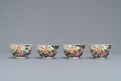 Vier Chinese famille rose koppen en schotels met decor van het 'Afscheid van de zeeman', Qianlong