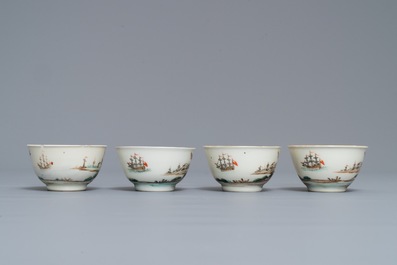 Vier Chinese famille rose koppen en schotels met decor van het 'Afscheid van de zeeman', Qianlong