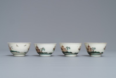 Vier Chinese famille rose koppen en schotels met decor van het 'Afscheid van de zeeman', Qianlong