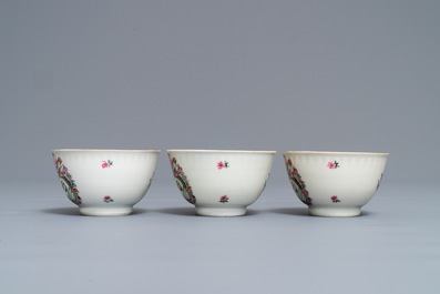 Drie Chinese famille rose koppen en schotels en een papbord voor de Nederlandse mark met wapen Velingius-Visch, Qianlong