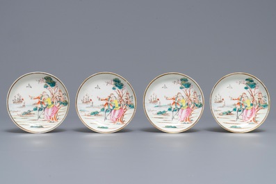 Vier Chinese famille rose koppen en schotels met decor van het 'Afscheid van de zeeman', Qianlong