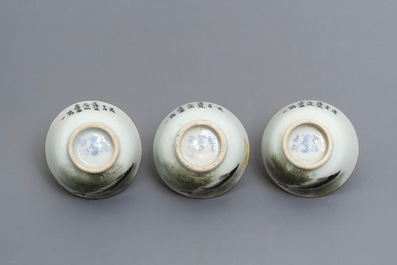 Three Chinese famille rose and qianjiang cai teapots and five cups, 19/20th C.