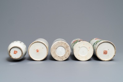 Four Chinese famille rose and qianjiang cai hat stands and a vase, 19/20th C.