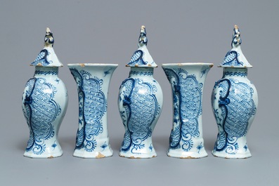 A Dutch Delft blue and white five-piece garniture with floral design, 18th C.