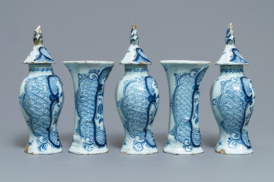 A Dutch Delft blue and white five-piece garniture with floral design, 18th C.