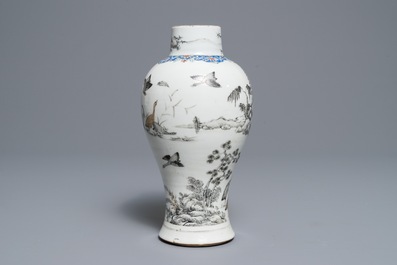A Chinese grisaille vase, a famille rose 'mandarin' teapot and a reticulated cup on saucer, Yongzheng/Qianlong