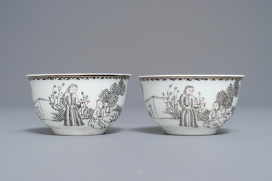 A Chinese grisaille 'immortals and tiger' plate and a pair of 'jesuit' cups and saucers, Qianlong
